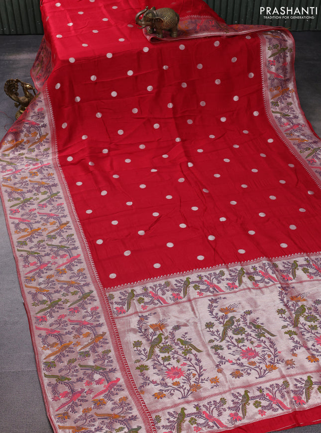 Banarasi raw silk saree red with sillver zari woven coin buttas and silver zari woven paithani style border