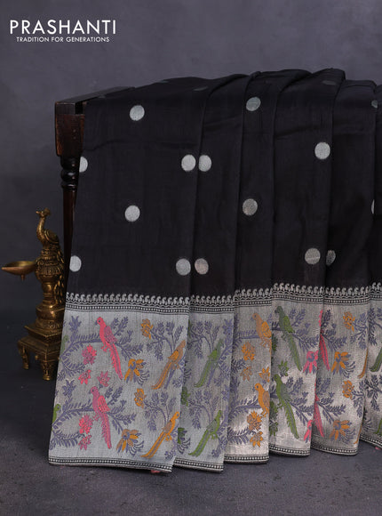 Banarasi raw silk saree black with sillver zari woven coin buttas and silver zari woven paithani style border