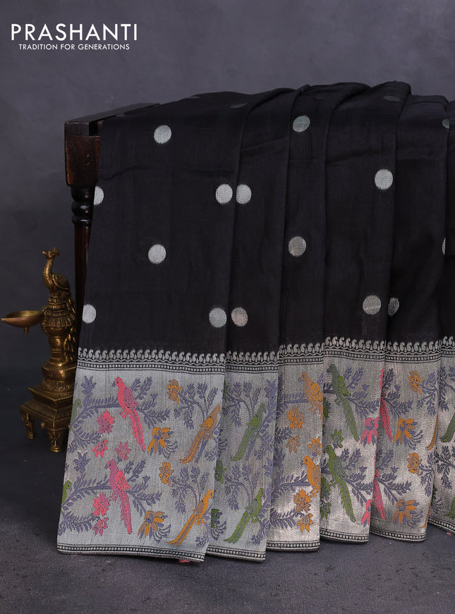 Banarasi raw silk saree black with sillver zari woven coin buttas and silver zari woven paithani style border