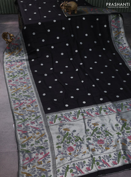 Banarasi raw silk saree black with sillver zari woven coin buttas and silver zari woven paithani style border