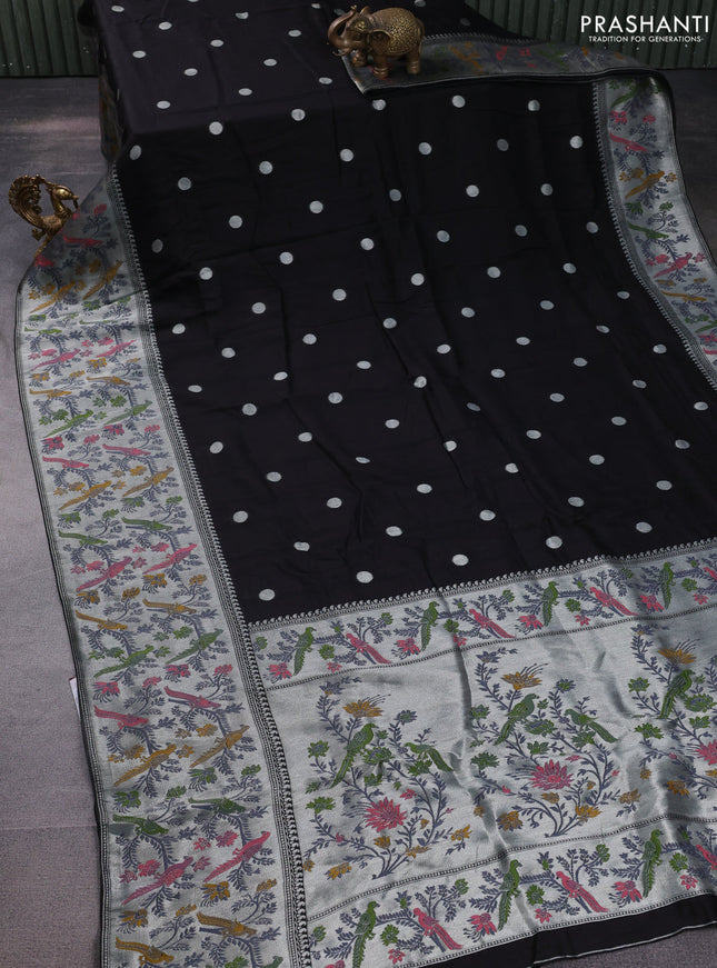 Banarasi raw silk saree black with sillver zari woven coin buttas and silver zari woven paithani style border