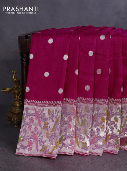 Banarasi raw silk saree dark pink with sillver zari woven coin buttas and silver zari woven paithani style border