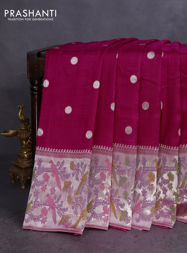 Banarasi raw silk saree dark pink with sillver zari woven coin buttas and silver zari woven paithani style border