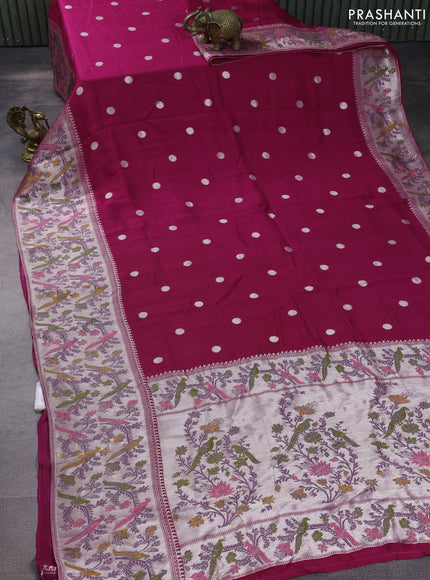 Banarasi raw silk saree dark pink with sillver zari woven coin buttas and silver zari woven paithani style border