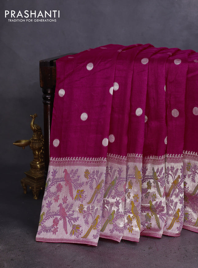 Banarasi raw silk saree rani pink with sillver zari woven coin buttas and silver zari woven paithani style border