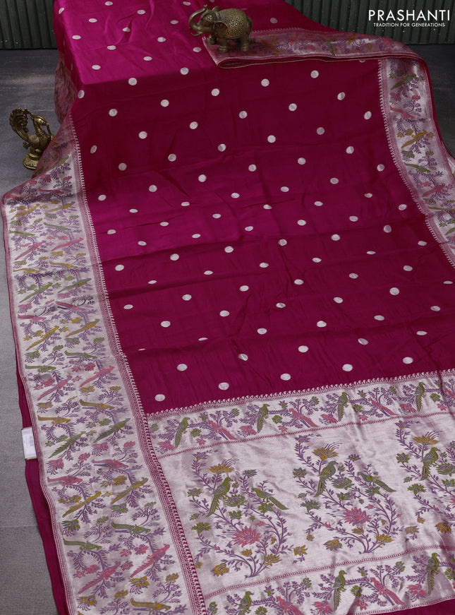 Banarasi raw silk saree rani pink with sillver zari woven coin buttas and silver zari woven paithani style border