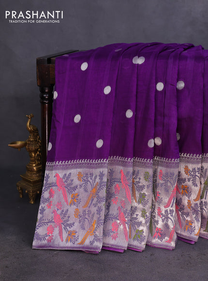 Banarasi raw silk saree violet with sillver zari woven coin buttas and silver zari woven paithani style border