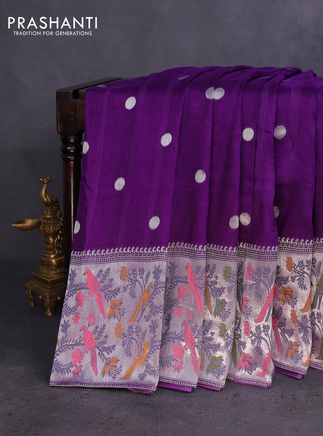 Banarasi raw silk saree violet with sillver zari woven coin buttas and silver zari woven paithani style border