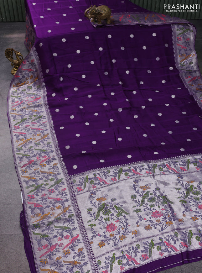 Banarasi raw silk saree violet with sillver zari woven coin buttas and silver zari woven paithani style border