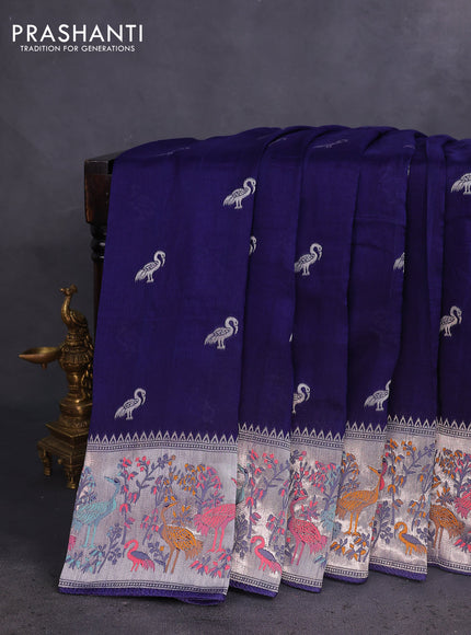 Banarasi raw silk saree navy blue with silver zari woven buttas and silver zari woven paithani style border