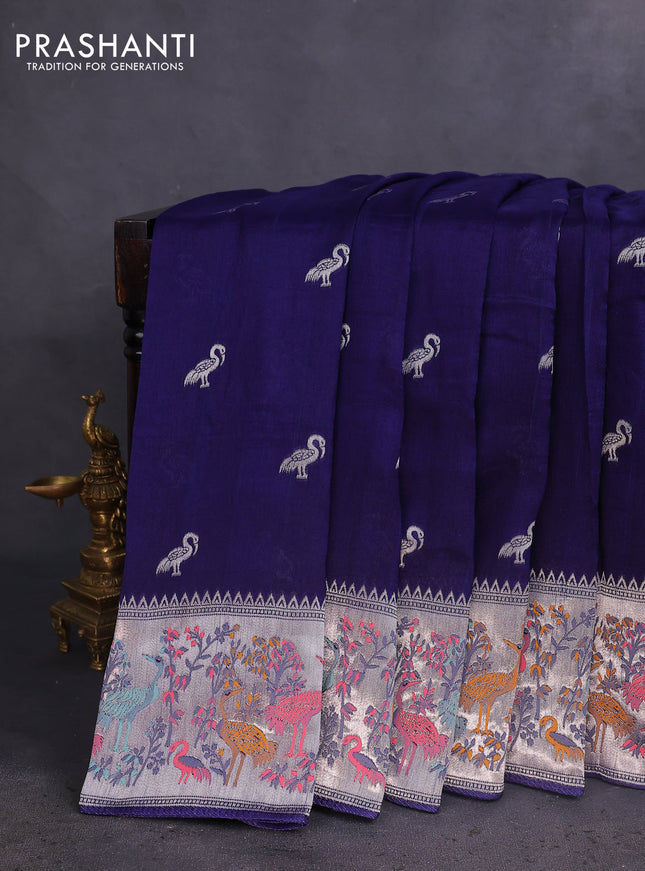 Banarasi raw silk saree navy blue with silver zari woven buttas and silver zari woven paithani style border