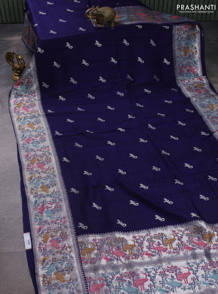 Banarasi raw silk saree navy blue with silver zari woven buttas and silver zari woven paithani style border