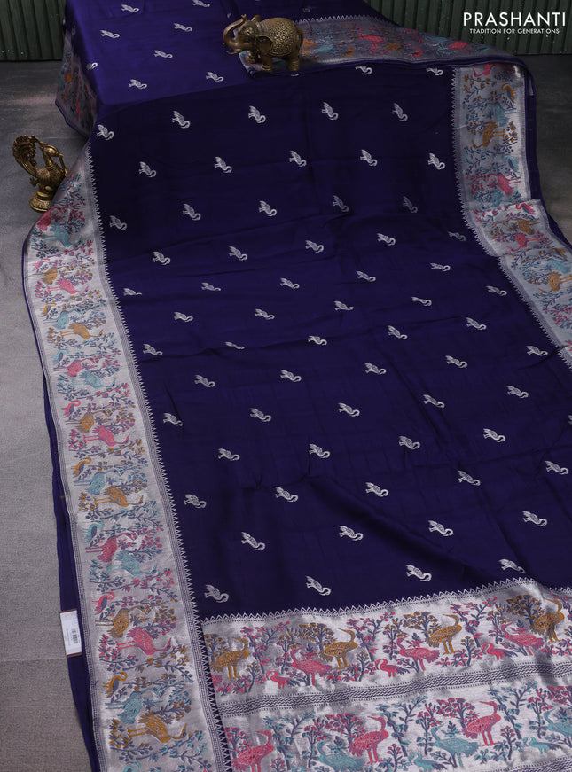 Banarasi raw silk saree navy blue with silver zari woven buttas and silver zari woven paithani style border
