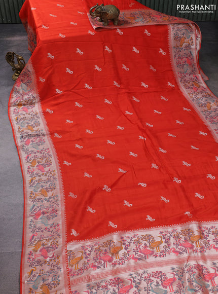 Banarasi raw silk saree orange with silver zari woven buttas and silver zari woven paithani style border