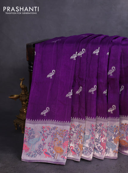 Banarasi raw silk saree violet with silver zari woven buttas and silver zari woven paithani style border
