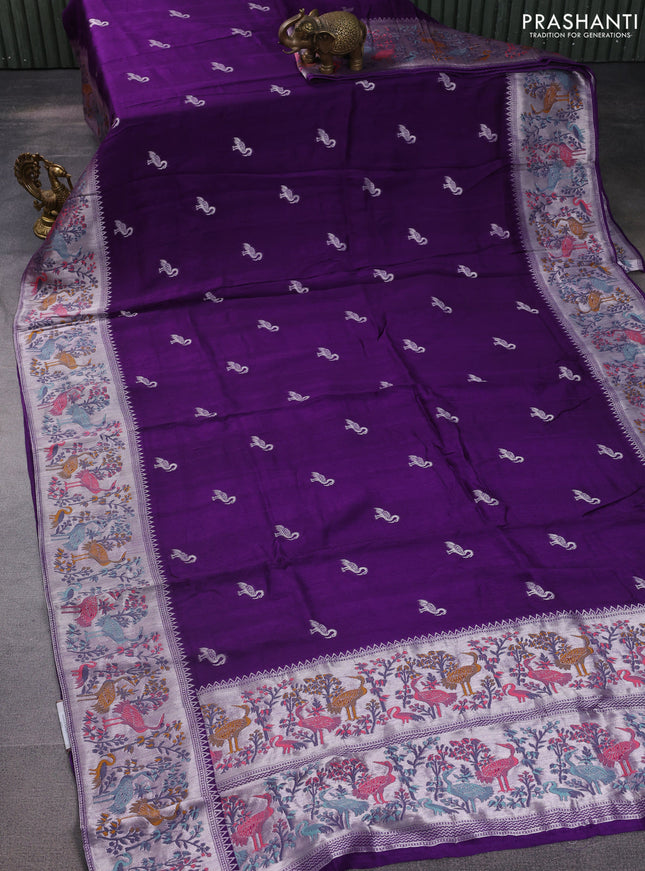 Banarasi raw silk saree violet with silver zari woven buttas and silver zari woven paithani style border