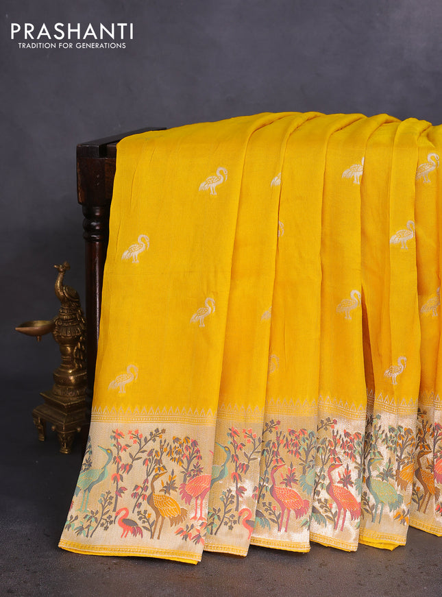 Banarasi raw silk saree yellow with silver zari woven buttas and silver zari woven paithani style border