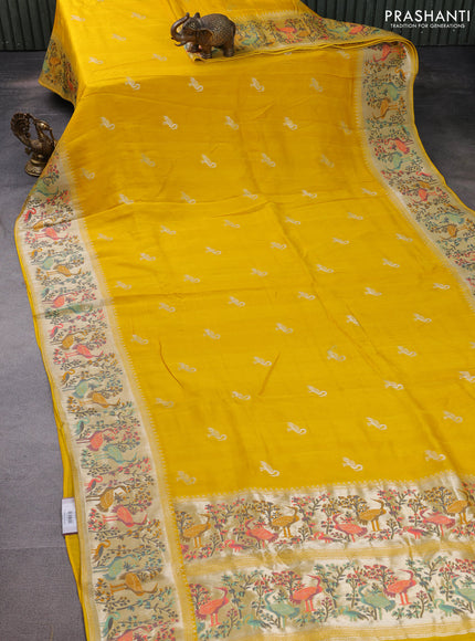 Banarasi raw silk saree yellow with silver zari woven buttas and silver zari woven paithani style border