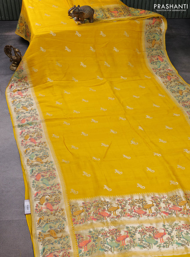 Banarasi raw silk saree yellow with silver zari woven buttas and silver zari woven paithani style border