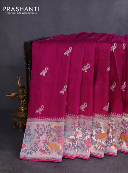 Banarasi raw silk saree purple with silver zari woven buttas and silver zari woven paithani style border