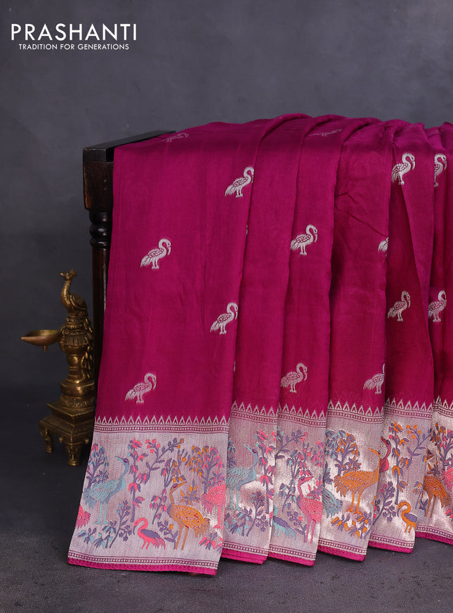 Banarasi raw silk saree purple with silver zari woven buttas and silver zari woven paithani style border