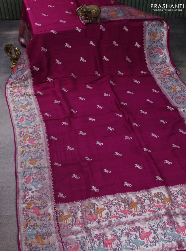 Banarasi raw silk saree purple with silver zari woven buttas and silver zari woven paithani style border