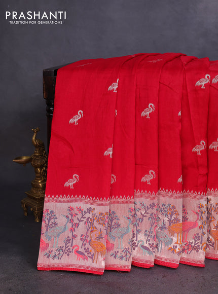 Banarasi raw silk saree red with silver zari woven buttas and silver zari woven paithani style border