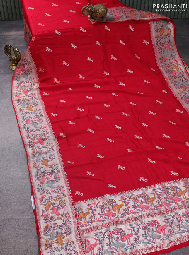 Banarasi raw silk saree red with silver zari woven buttas and silver zari woven paithani style border