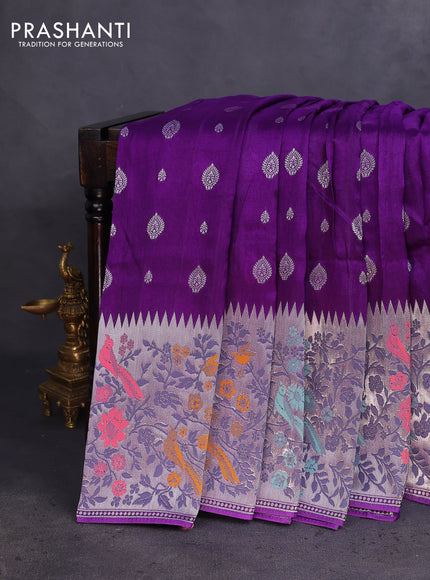 Banarasi raw silk saree violet with silver zari woven buttas and silver zari woven paithani style border