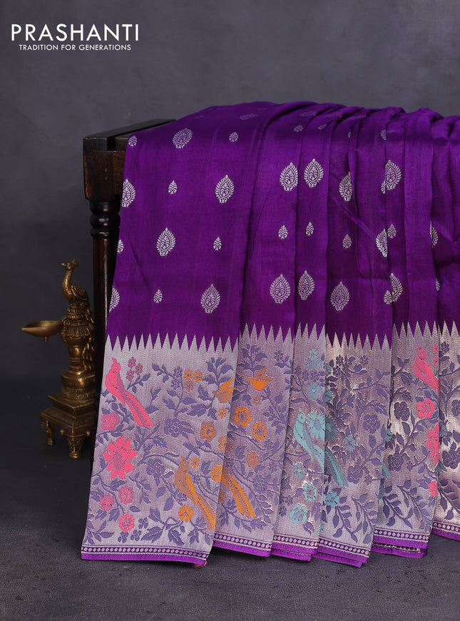 Banarasi raw silk saree violet with silver zari woven buttas and silver zari woven paithani style border