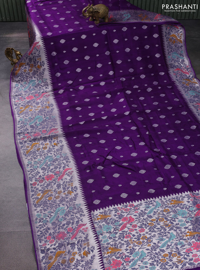Banarasi raw silk saree violet with silver zari woven buttas and silver zari woven paithani style border
