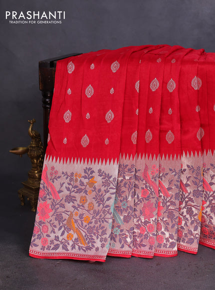 Banarasi raw silk saree red with silver zari woven buttas and silver zari woven paithani style border