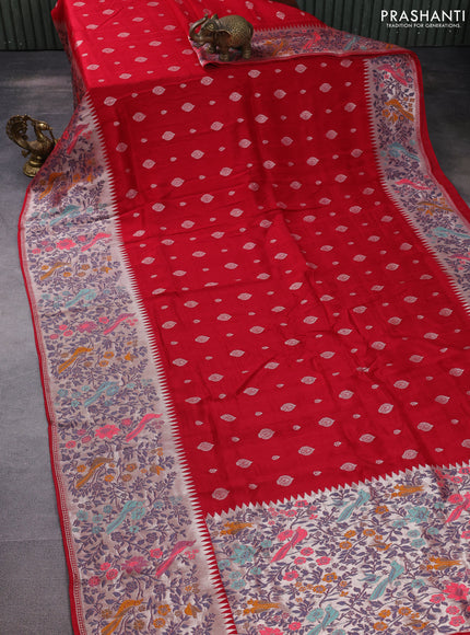 Banarasi raw silk saree red with silver zari woven buttas and silver zari woven paithani style border