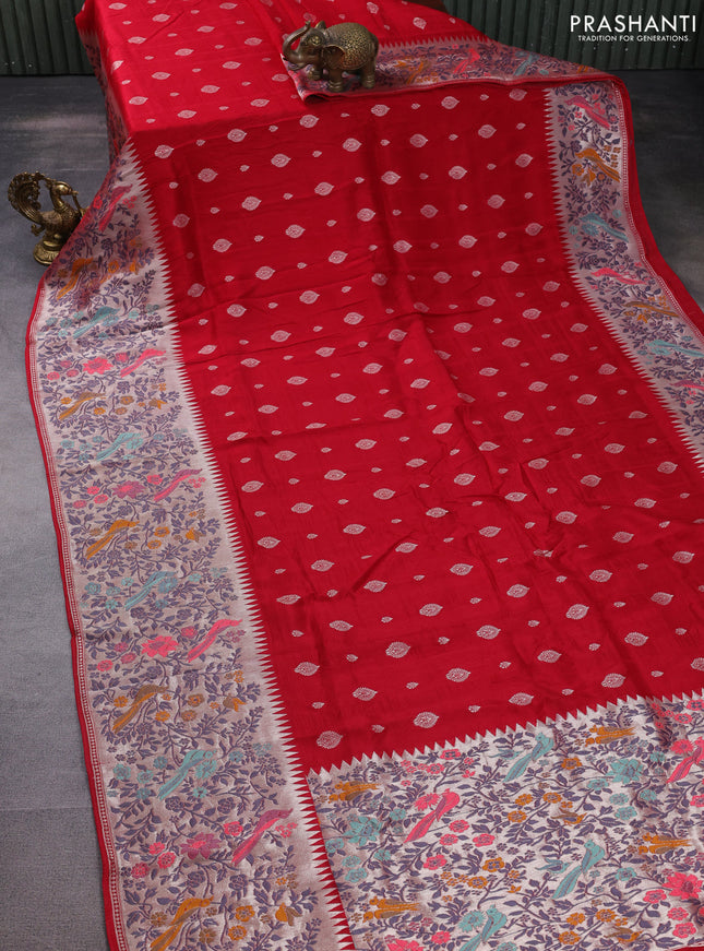 Banarasi raw silk saree red with silver zari woven buttas and silver zari woven paithani style border