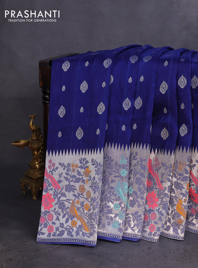 Banarasi raw silk saree blue with silver zari woven buttas and silver zari woven paithani style border