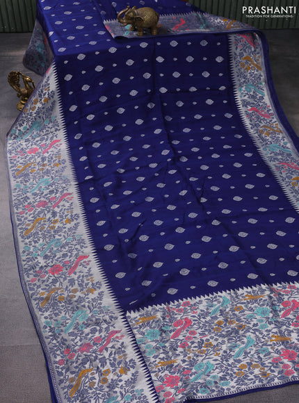 Banarasi raw silk saree blue with silver zari woven buttas and silver zari woven paithani style border