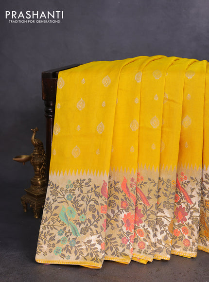 Banarasi raw silk saree yellow with silver zari woven buttas and silver zari woven paithani style border