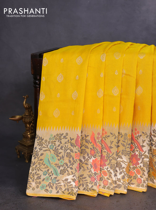 Banarasi raw silk saree yellow with silver zari woven buttas and silver zari woven paithani style border