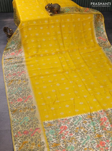 Banarasi raw silk saree yellow with silver zari woven buttas and silver zari woven paithani style border