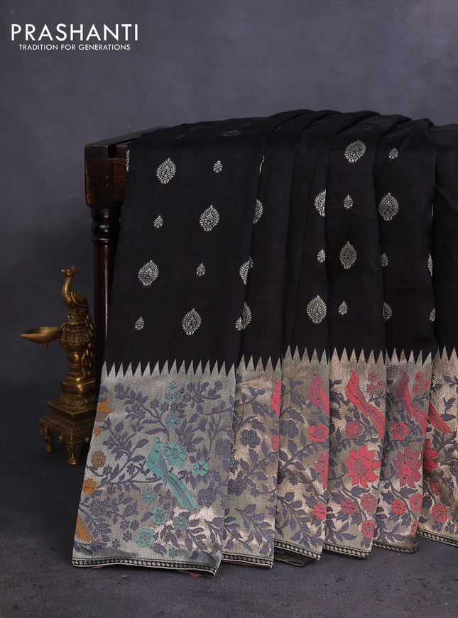 Banarasi raw silk saree black with silver zari woven buttas and silver zari woven paithani style border