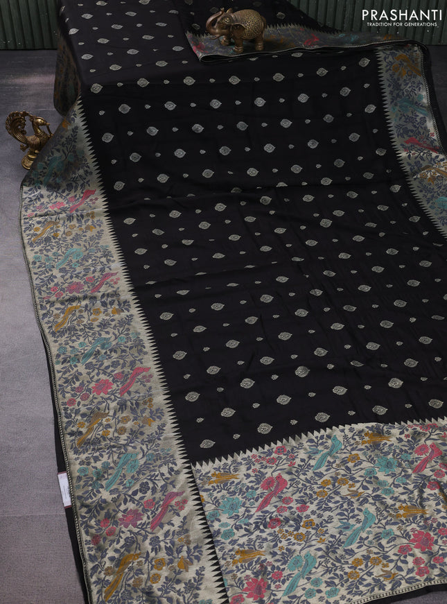 Banarasi raw silk saree black with silver zari woven buttas and silver zari woven paithani style border