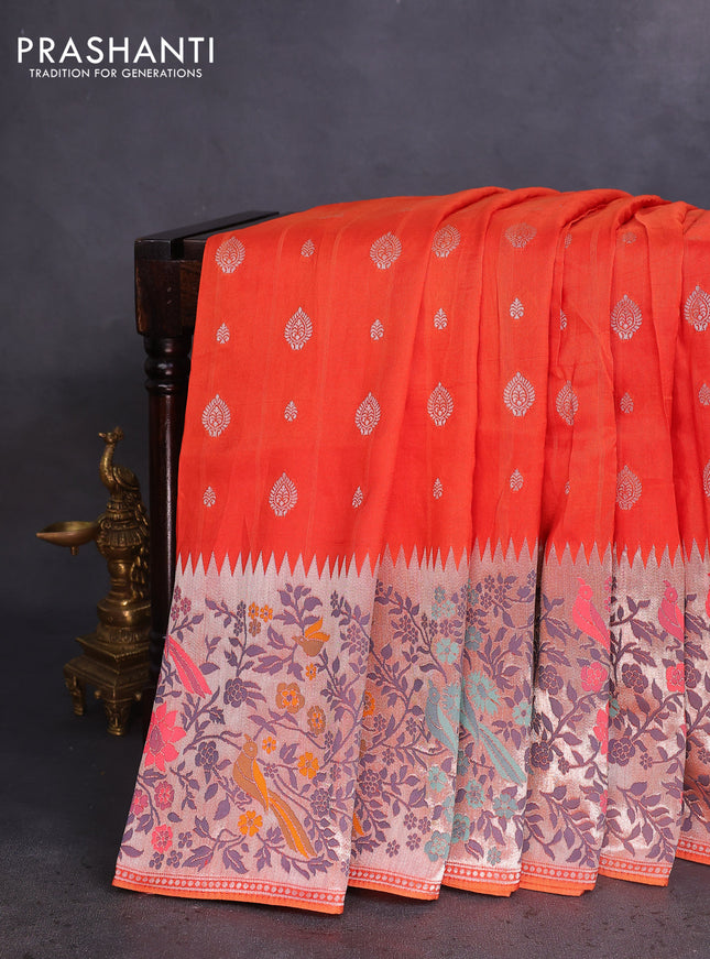 Banarasi raw silk saree orange with silver zari woven buttas and silver zari woven paithani style border