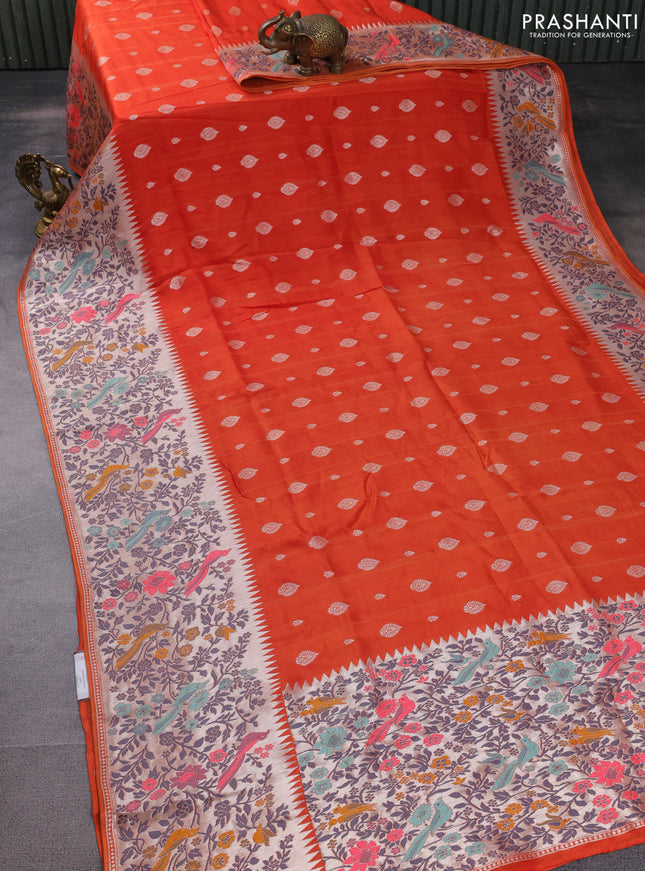 Banarasi raw silk saree orange with silver zari woven buttas and silver zari woven paithani style border
