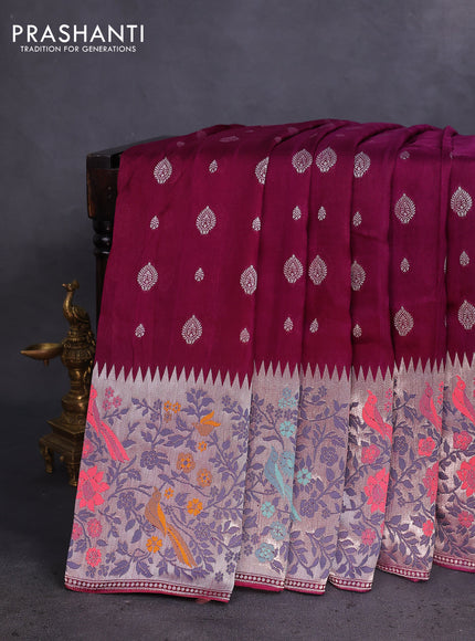 Banarasi raw silk saree wine shade with silver zari woven buttas and silver zari woven paithani style border