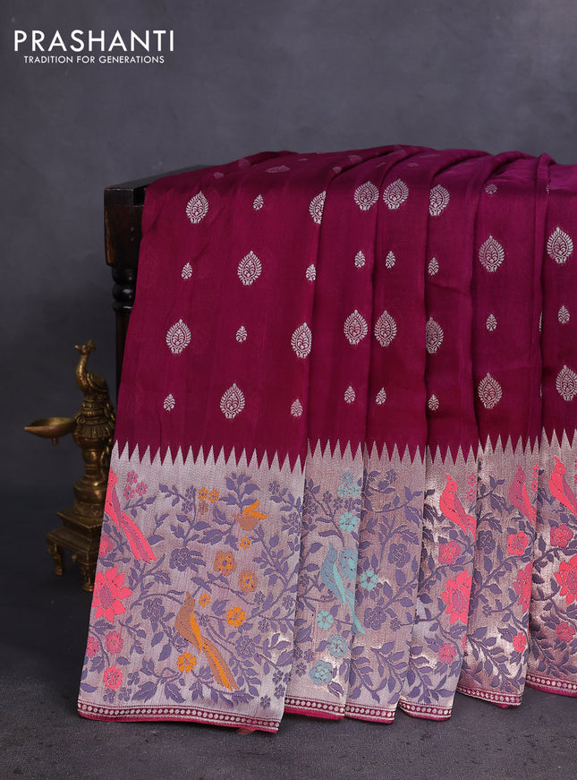 Banarasi raw silk saree wine shade with silver zari woven buttas and silver zari woven paithani style border
