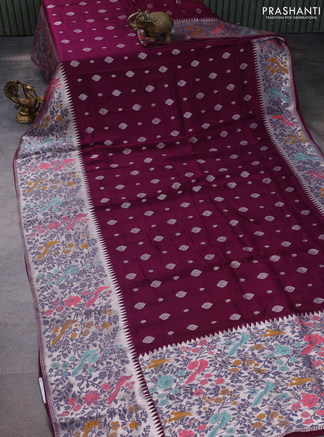 Banarasi raw silk saree wine shade with silver zari woven buttas and silver zari woven paithani style border