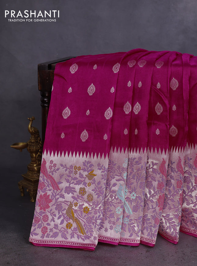 Banarasi raw silk saree rani pink with silver zari woven buttas and silver zari woven paithani style border