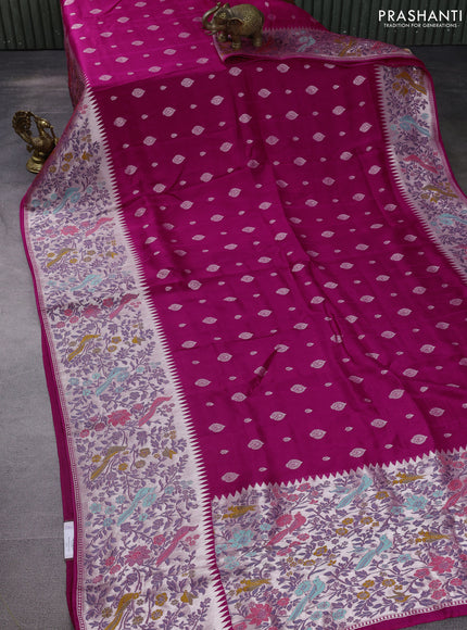 Banarasi raw silk saree rani pink with silver zari woven buttas and silver zari woven paithani style border