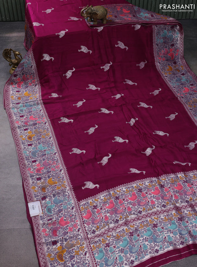 Banarasi raw silk saree wine shade with silver zari woven buttas and silver zari woven paithani style border