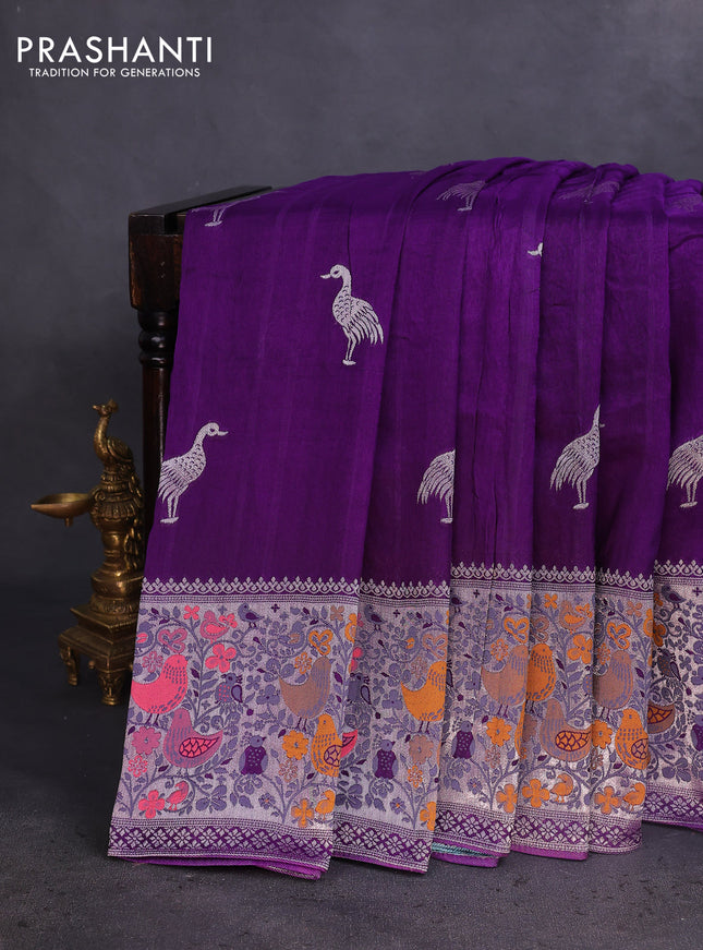 Banarasi raw silk saree violet with silver zari woven buttas and silver zari woven paithani style border